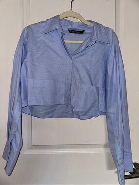 Zara Light Blue Button-Up Cropped Shirt